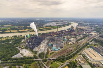 Aerial view, factory site Hüttenwerke Krupp Mannesmann HKM, Hüttenheim, Duisburg, Ruhr area, North