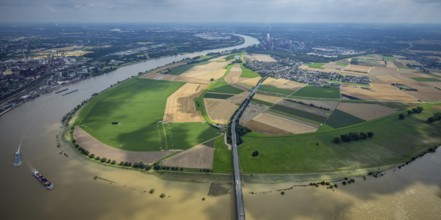Aerial view, Krefeld-Uerdingen bridge, flood river Rhine, flooding Rhine floodplain Mündelheim,