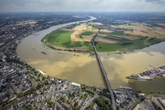 Aerial view, Krefeld-Uerdingen bridge, flood river Rhine, flooding Rhine floodplain Mündelheim,