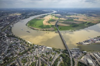 Aerial view, Krefeld-Uerdingen bridge, flood river Rhine, flooding Rhine floodplain Mündelheim,