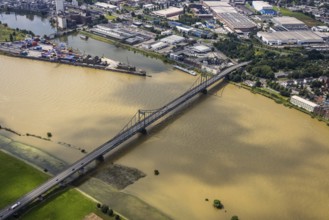 Aerial view, Krefeld-Uerdingen bridge, flood river Rhine, Ürdingen, Krefeld, Ruhr area, North