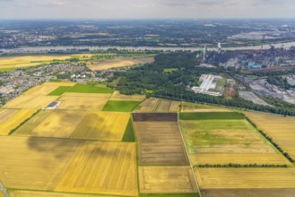 Aerial view, meadows and fields in Mündelheim, Duisburg, Ruhr area, North Rhine-Westphalia,