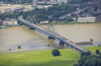Aerial view, Krefeld-Uerdingen bridge, Duisburg, flood river Rhine, Ürdingen, Krefeld, Ruhr area,
