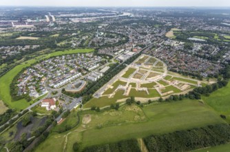 Aerial view, new development area Am Alten Angerbach, new housing estate Angerbogen, Düsseldorfer