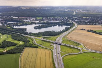 Aerial view, motorway junction Duisburg-Süd at Rahmer See, A524 and A59, Rahm, Duisburg, Ruhr area,