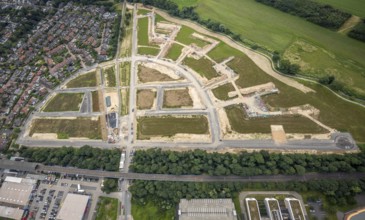 Aerial view, new development area Am Alten Angerbach, new housing estate Angerbogen, Düsseldorfer