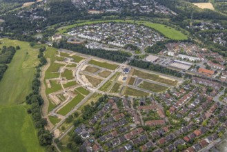 Aerial view, new development area Am Alten Angerbach, new housing estate Angerbogen, Düsseldorfer