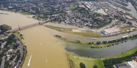 Aerial view, flood river Rhine, Ruhr estuary into the Rhine, Friedrich-Ebert-Bridge, Rhine orange