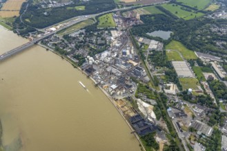 Aerial view, Rheinufer Essenberg, commercial area Duisburger Straße, coal storage on the river