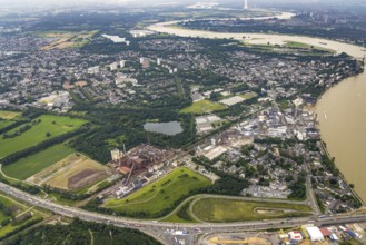Aerial view, Rheinufer Essenberg, commercial area Duisburger Straße, coal storage on the river