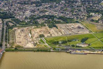 Aerial view, demolition of wire rolling mill for new construction RHEINORT neighbourhood,