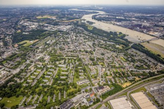 Aerial view, Rheinhausen and Hochemmerich district, floods and inundations Rheinwiesen Rheinhausen