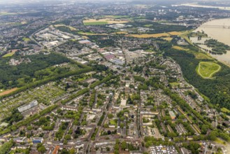 Aerial view, district Rheinhausen and Hochemmerich, commercial area Hochstraße am Volkspark,