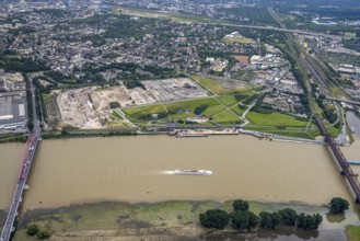 Aerial view, flood river Rhine, construction site new building quarter Rheinort, construction area