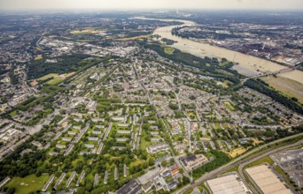 Aerial view, Rheinhausen and Hochemmerich district, floods and inundations Rheinwiesen Rheinhausen