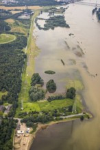 Aerial photo, flood river Rhine, flooding of the Rhine meadows Rheinhausen, Hochemmerich, Duisburg,