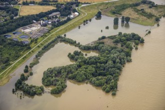 Aerial view, flood river Rhine, flooding of the Rhine meadows Rheinhausen, Hochemmerich, Duisburg,