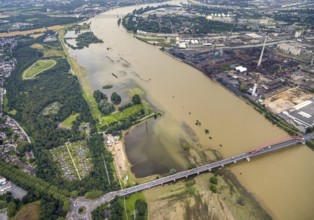 Aerial view, flood river Rhine, flooding of the Rhine meadows Rheinhausen, bridge of solidarity,