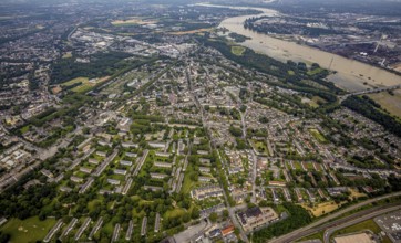 Aerial view, Rheinhausen and Hochemmerich district, floods and inundations Rheinwiesen Rheinhausen