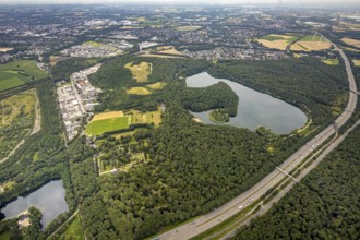Aerial view, forest lake and slagheap Rheinpreussen, industrial area Gutenbergstraße, cemetery