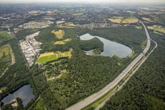 Aerial view, forest lake and slagheap Rheinpreussen, industrial area Gutenbergstraße, cemetery