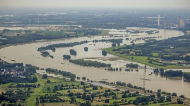 Aerial view, flood river Rhine, flooding floodplain Rhine Walsum, near STEAG power plant Voerde,