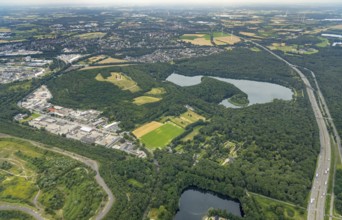 Aerial view, forest lake and slagheap Rheinpreussen, industrial area Gutenbergstraße, cemetery