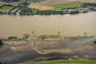 Aerial view, flood river Rhine, flooding river bank area near Alsumer Berg, Beeckerwerth, Duisburg,