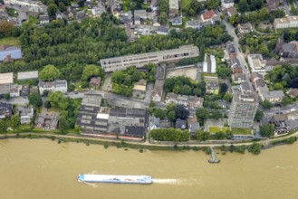 Aerial view, Hotel Rheingarten on the banks of the Rhine, shipping traffic on the river Rhine,