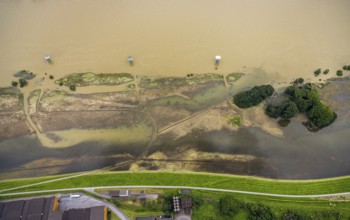 Aerial view, flood river Rhine, flooding river bank area near Alsumer Berg, Beeckerwerth, Duisburg,