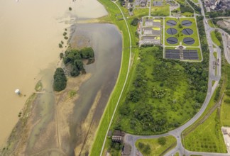 Aerial view, flood river Rhine, flooding river bank area at the sewage treatment plant Duisburg