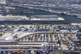 Aerial view, northern harbour, overview harbour Ruhrort, oil island, Ruhrort, Duisburg, Ruhr area,