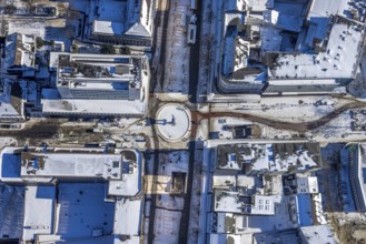 Aerial view, roundabout with sculpture Livesafer in Königstraße, pedestrian zone, old town,