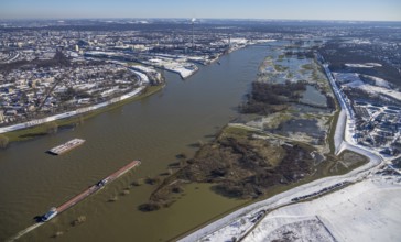 Aerial photo, flooding river Rhine, cargo ships, Bergheim, Duisburg, Ruhr area, North