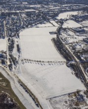 Aerial view, snow-covered Rhine meadows, Bergheim, Duisburg, Ruhr area, North Rhine-Westphalia,