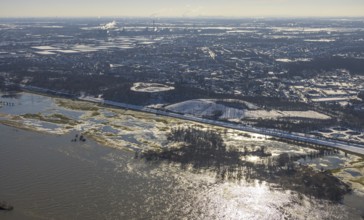 Aerial view, river Rhine flooding, Neuenkamp, Duisburg, Ruhr area, North Rhine-Westphalia, Germany,