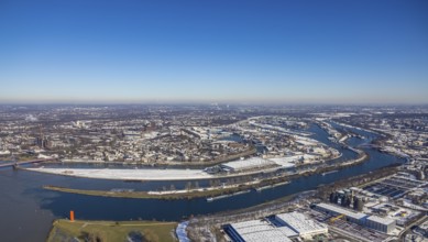 Aerial view, northern harbour, mouth of the Ruhr at the Mercatorinsel into the Rhine,