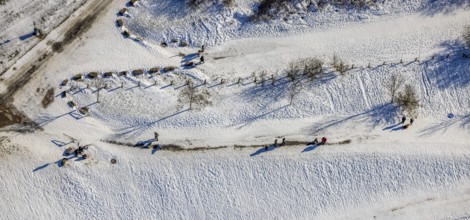 Aerial view, snow-covered Rhine meadows, Bergheim, Duisburg, Ruhr area, North Rhine-Westphalia,