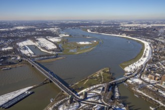 Aerial view, flooding river Rhine at the Friedrich-Ebert-Bridge, Ruhrort, Duisburg, Ruhr area,