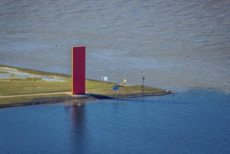 Aerial view, Sculpture Rhine orange, Sign in the landscape, Ruhr estuary into the Rhine, Ruhrort,