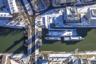 Aerial view, Weiße Flotte harbour tour, Schwanentorbrücke bridge, Kaßlerfeld, Duisburg, Ruhr area,