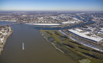 Aerial view, northern harbour, mouth of the Ruhr at the Mercatorinsel into the Rhine,