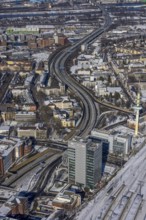 Aerial view, motorway A59, telecommunications tower, Dellviertel, Duisburg, Ruhr area, North