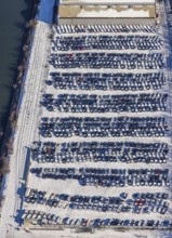 Aerial photo, car warehouse Salloum Logistics, Pontwert, Ruhrort, Duisburg, Ruhr area, North