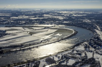 Aerial view, river Rhine, Rheinaue Ehingen with view of Mündelheim, Krefeld-Uerdingen bridge,
