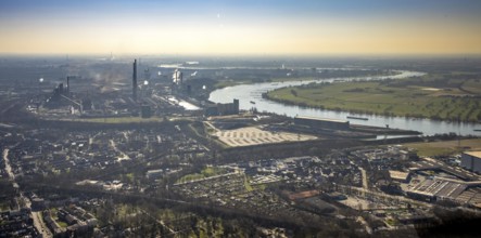 Aerial view, thyssenkrupp Steel Europe backlit, river Rhine, Marxloh, Duisburg, Ruhr area, North