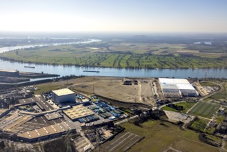 Aerial view, Logport 6, Duisport, near coal-fired power station Steak Walsum, Rhine, Alt-Walsum,