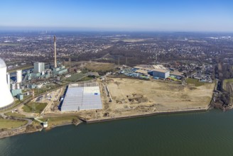 Aerial view, Logport 6, Duisport, near coal-fired power station Steak Walsum, Rhine, Alt-Walsum,