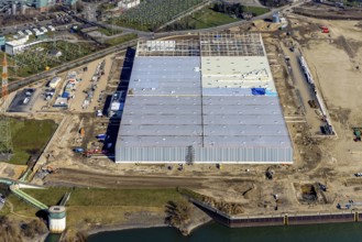 Aerial view, Logport 6, Duisport, near coal-fired power station Steak Walsum, Rhine, Alt-Walsum,