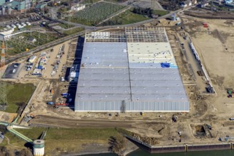 Aerial view, Logport 6, Duisport, near Steak Walsum coal-fired power station, Rhine, Alt-Walsum,